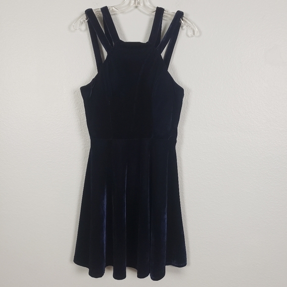 B. DARLIN Double Strap Velvet A Line Dress Navy Blue Holiday Festive - Picture 1 of 8